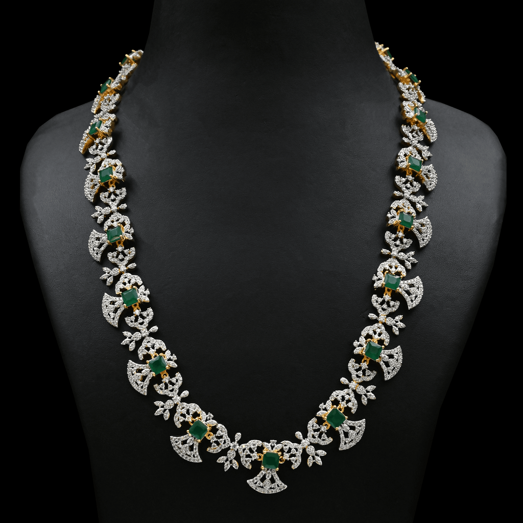 CZ Emerald Real Diamond Design Exclusive Long Necklace Set