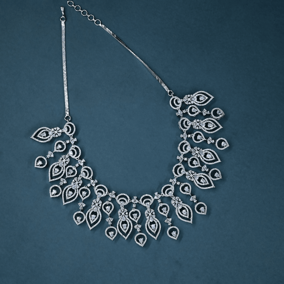 CZ White Rhodium Heavy Necklace Set