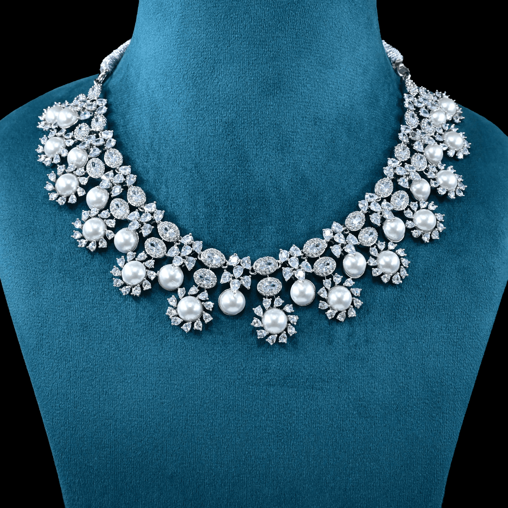 CZ White Rhodium Heavy Necklace Set