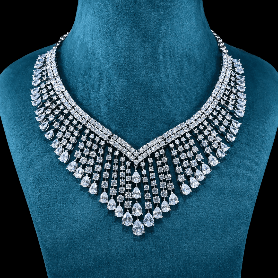 CZ White Rhodium Heavy Necklace Set