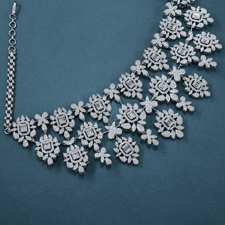 CZ White Rhodium Heavy Necklace Set