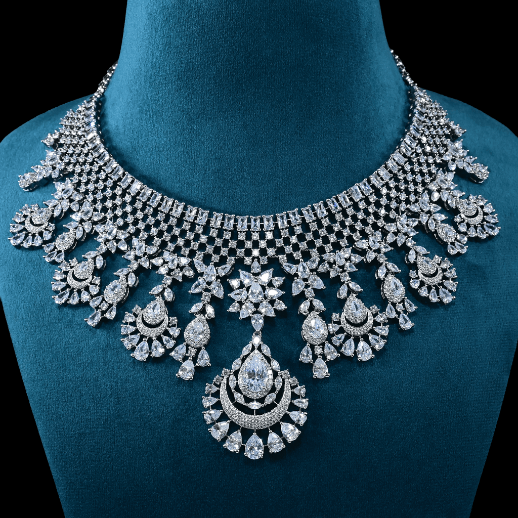 CZ White Rhodium Heavy Necklace Set