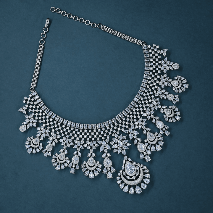 CZ White Rhodium Heavy Necklace Set