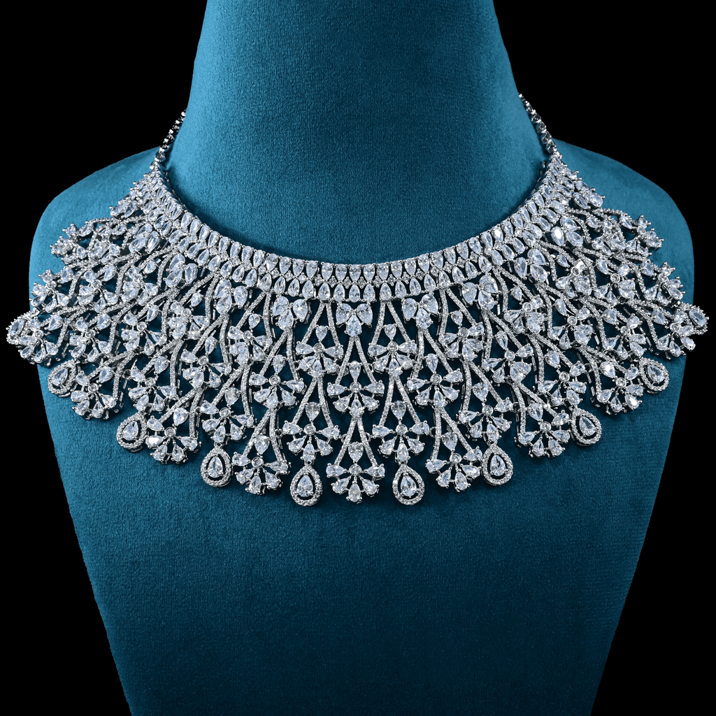 CZ White Rhodium Heavy Necklace Set