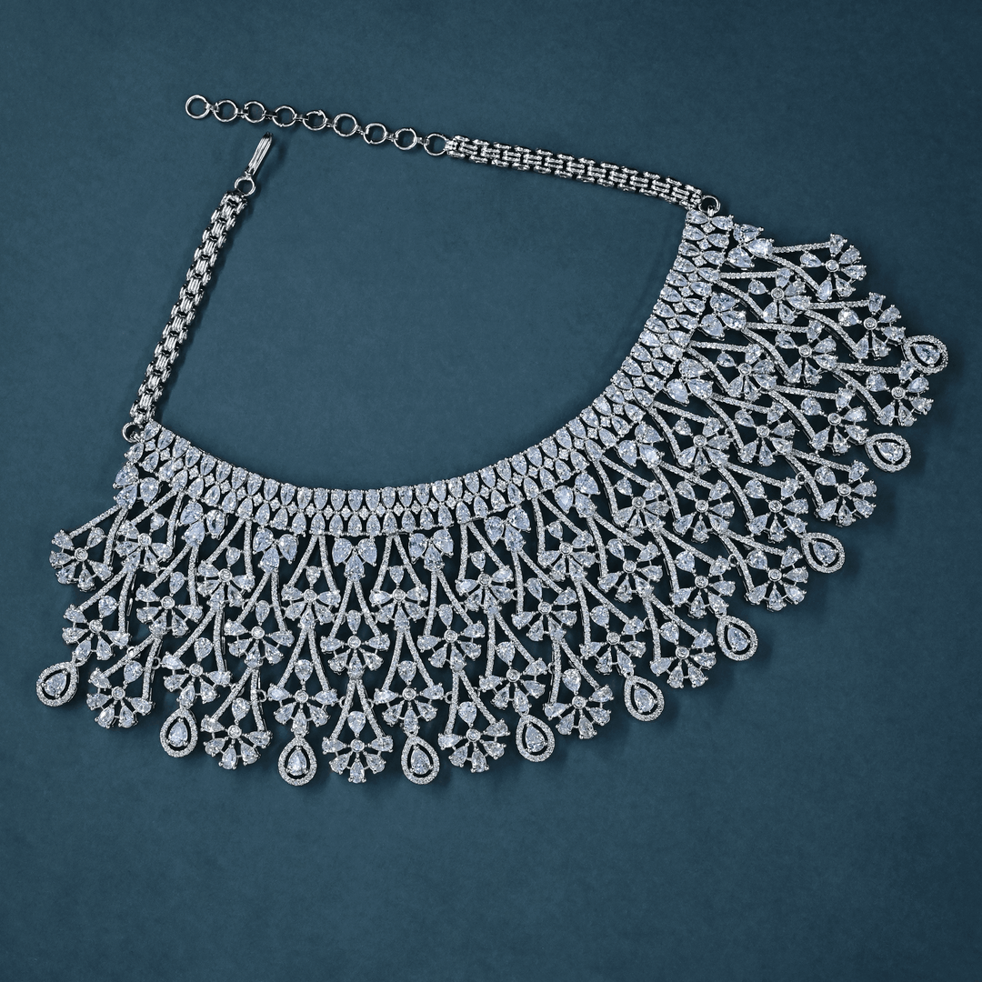 CZ White Rhodium Heavy Necklace Set