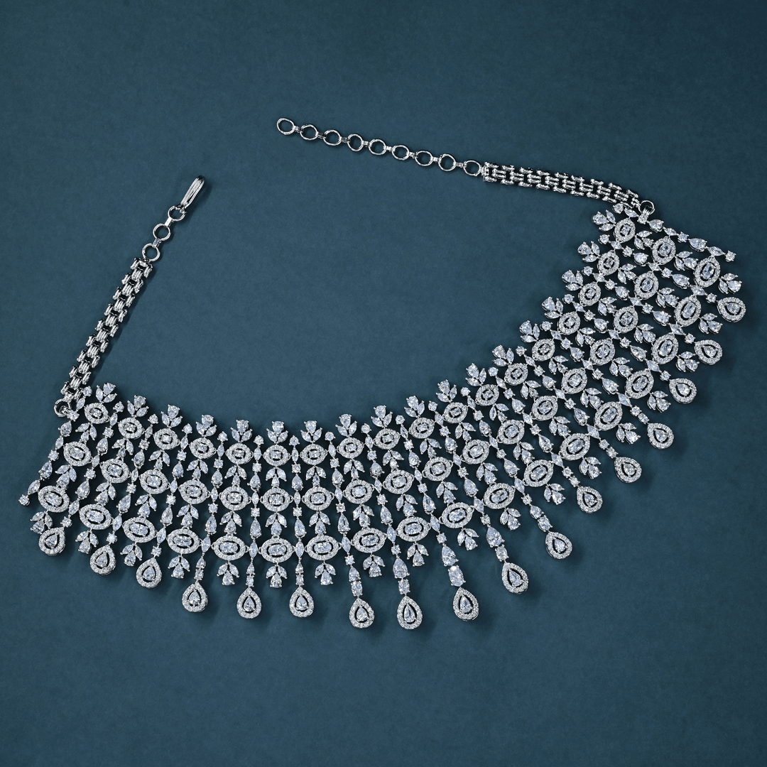 CZ White Rhodium Heavy Necklace Set