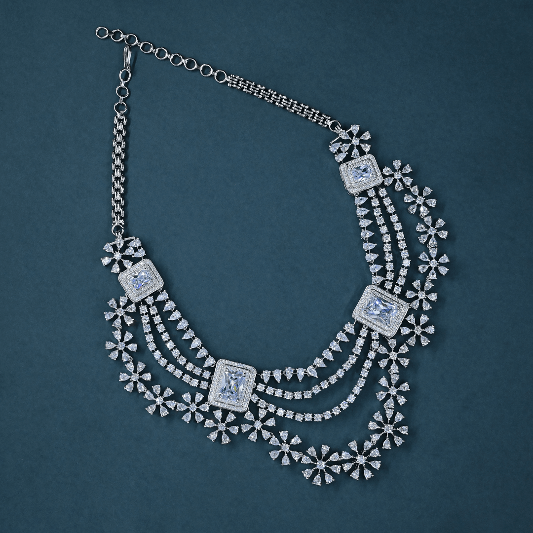 CZ White Rhodium Heavy Necklace Set