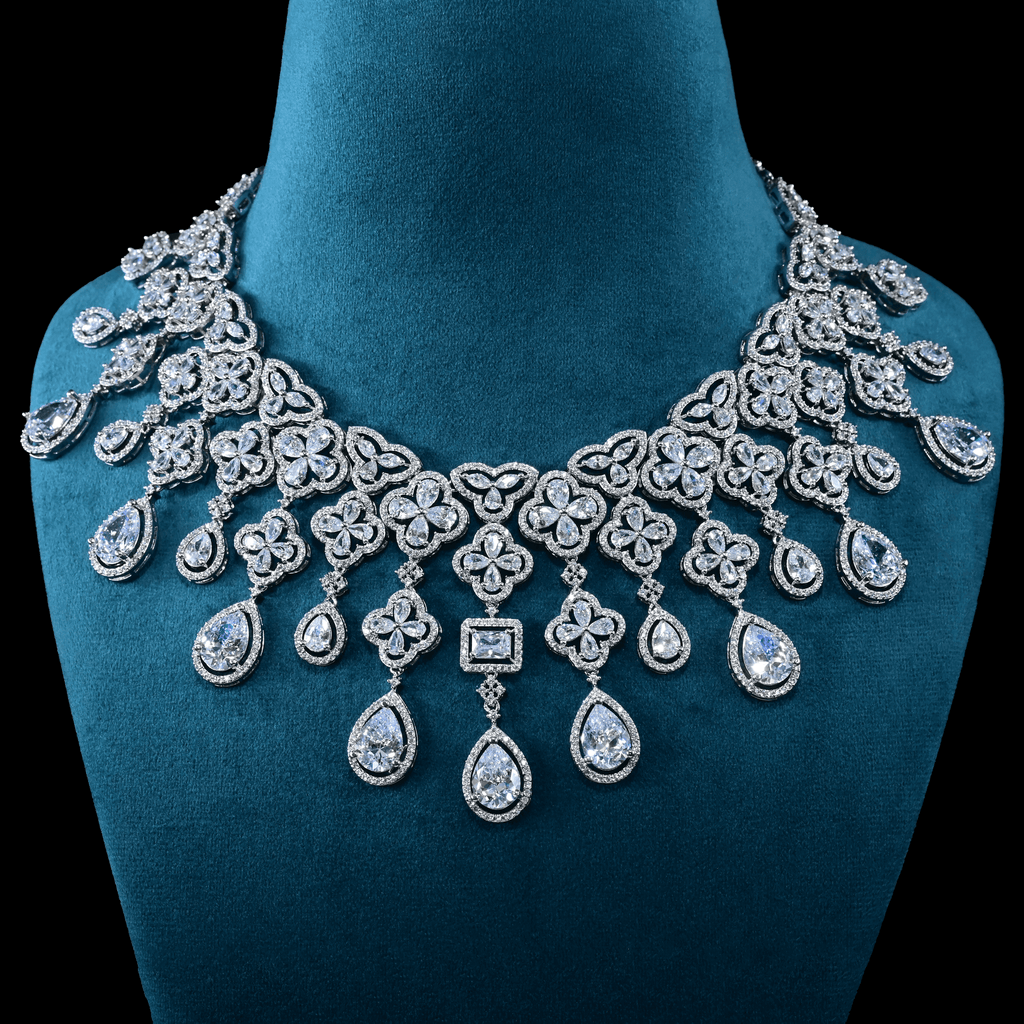 CZ White Rhodium Heavy Necklace Set