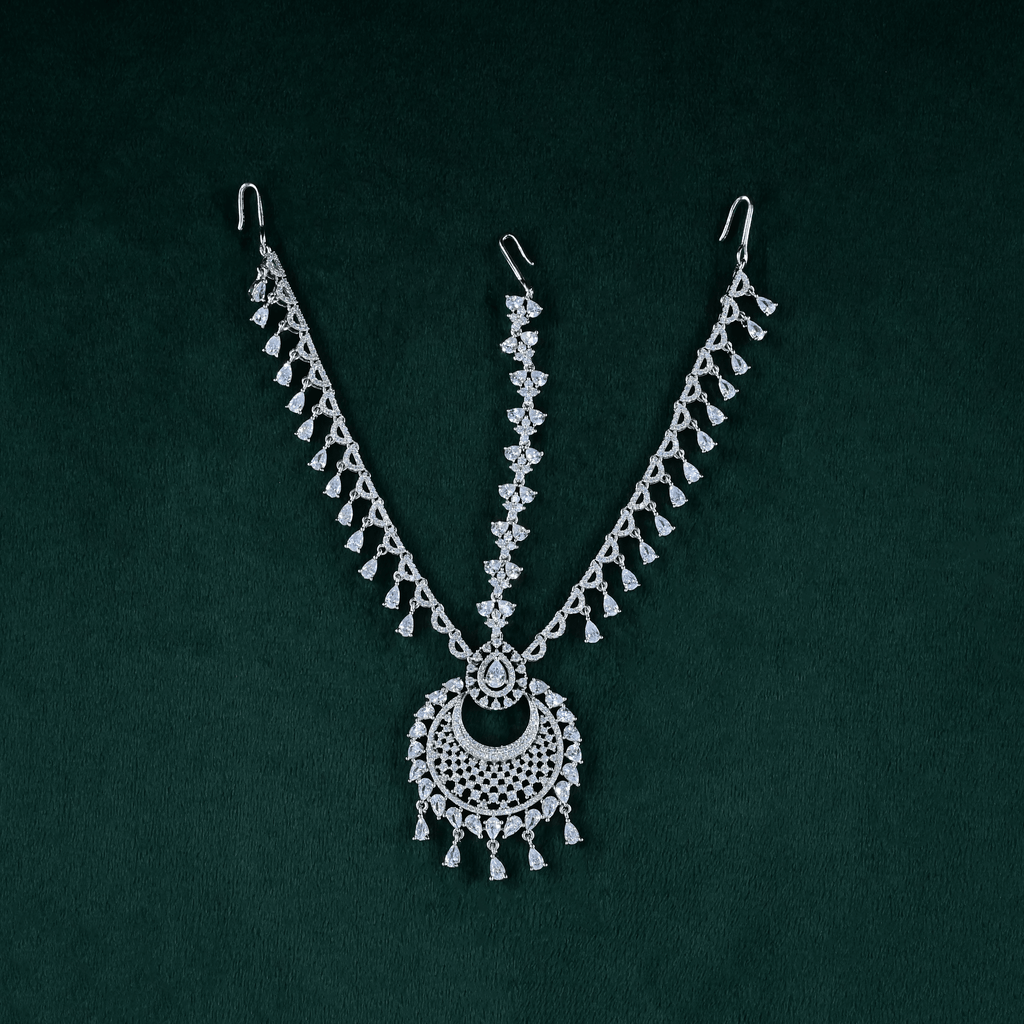 CZ White Rhodium Matha Patti