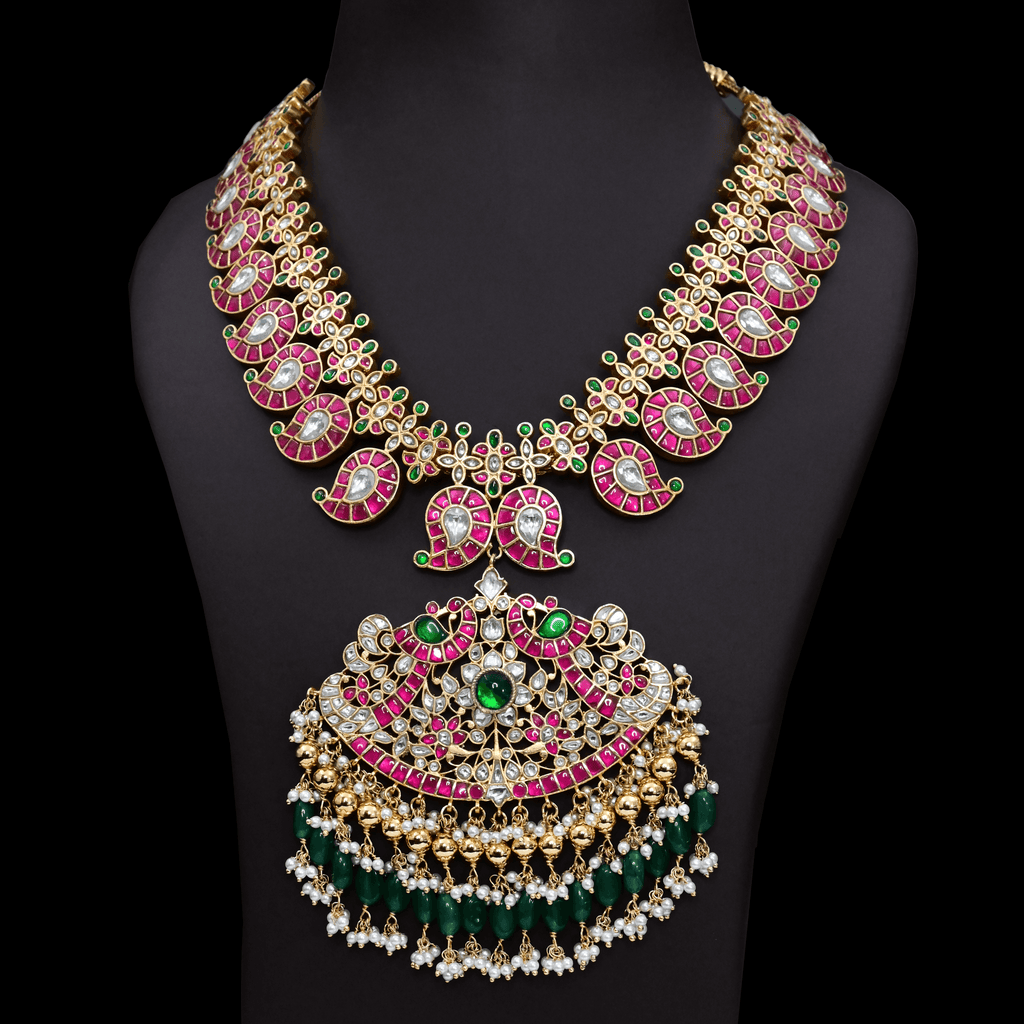 Jadau Kundan Real Kemp Nakshi Mango Necklace Set