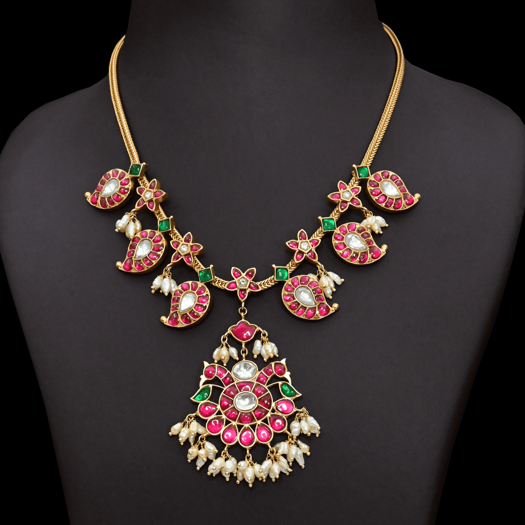 Jadau Kundan Real Kemp Mango Necklace Set