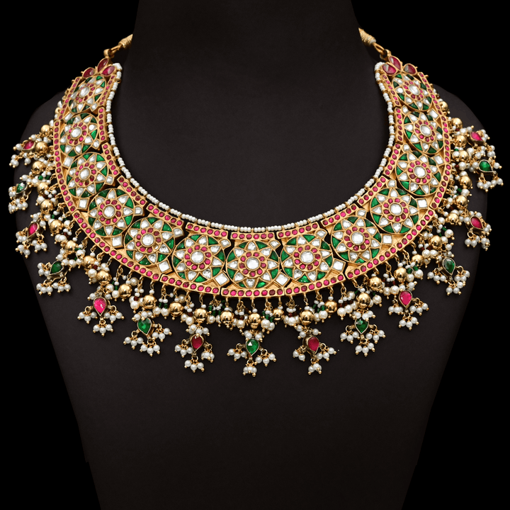 Jadau Kundan Real Kemp Heavy Necklace Set